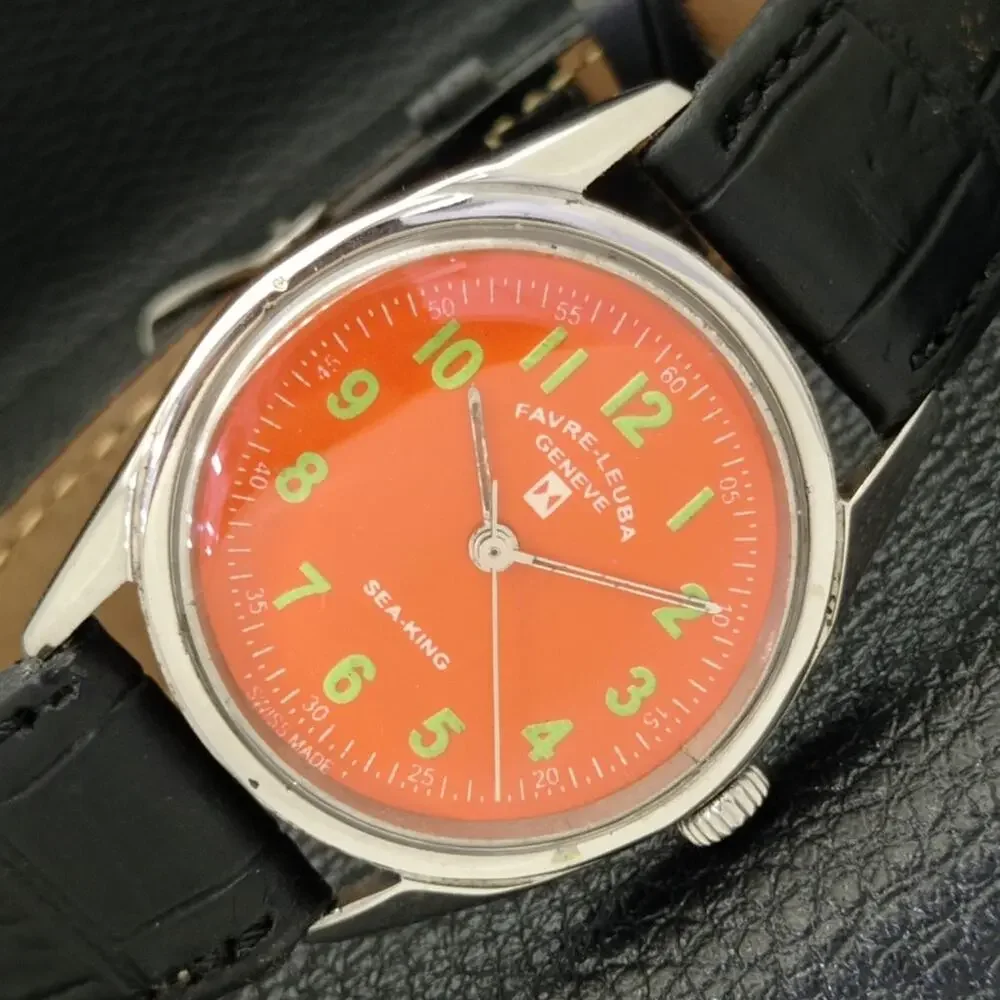 Vintage 1979 Favre Leuba Manual Mens Silver Watch W/Leather Strap